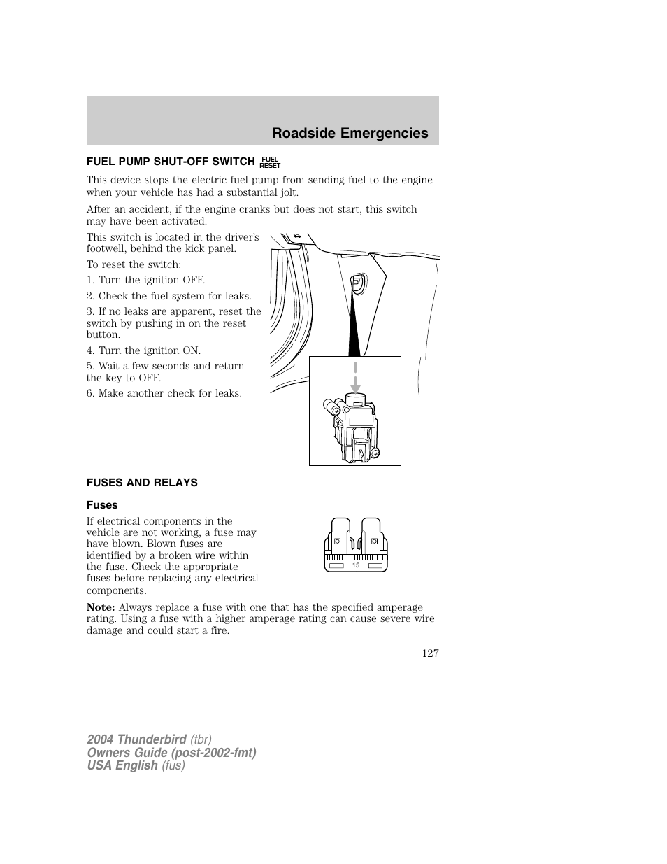 Roadside emergencies | FORD 2004 Thunderbird v.1 User Manual | Page 127 / 216