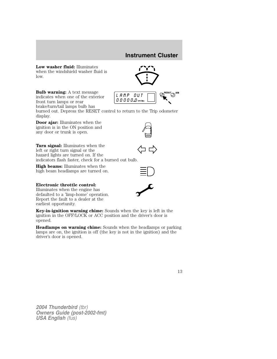 Instrument cluster | FORD 2004 Thunderbird v.1 User Manual | Page 13 / 216