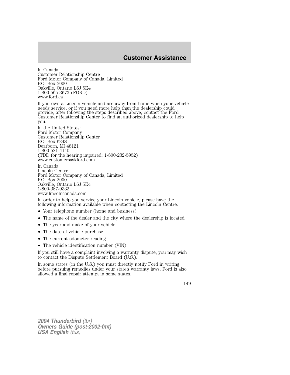 Customer assistance | FORD 2004 Thunderbird v.1 User Manual | Page 149 / 216