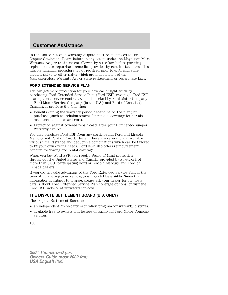 Customer assistance | FORD 2004 Thunderbird v.1 User Manual | Page 150 / 216