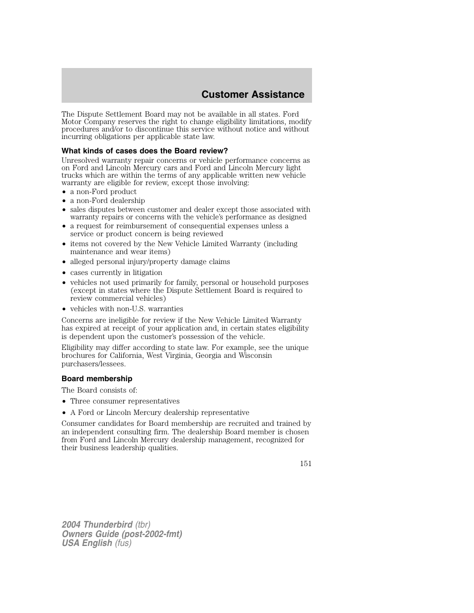Customer assistance | FORD 2004 Thunderbird v.1 User Manual | Page 151 / 216