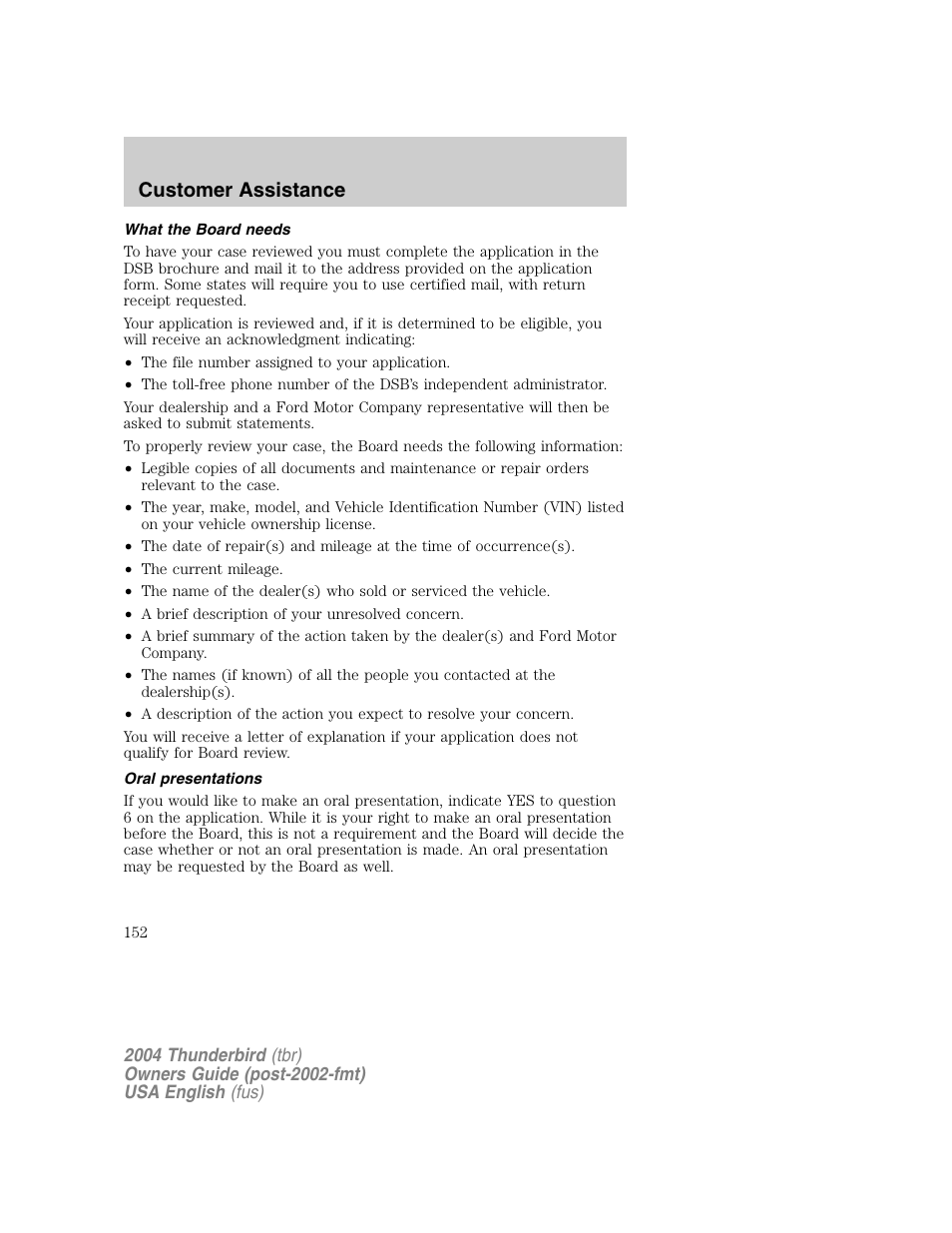 Customer assistance | FORD 2004 Thunderbird v.1 User Manual | Page 152 / 216