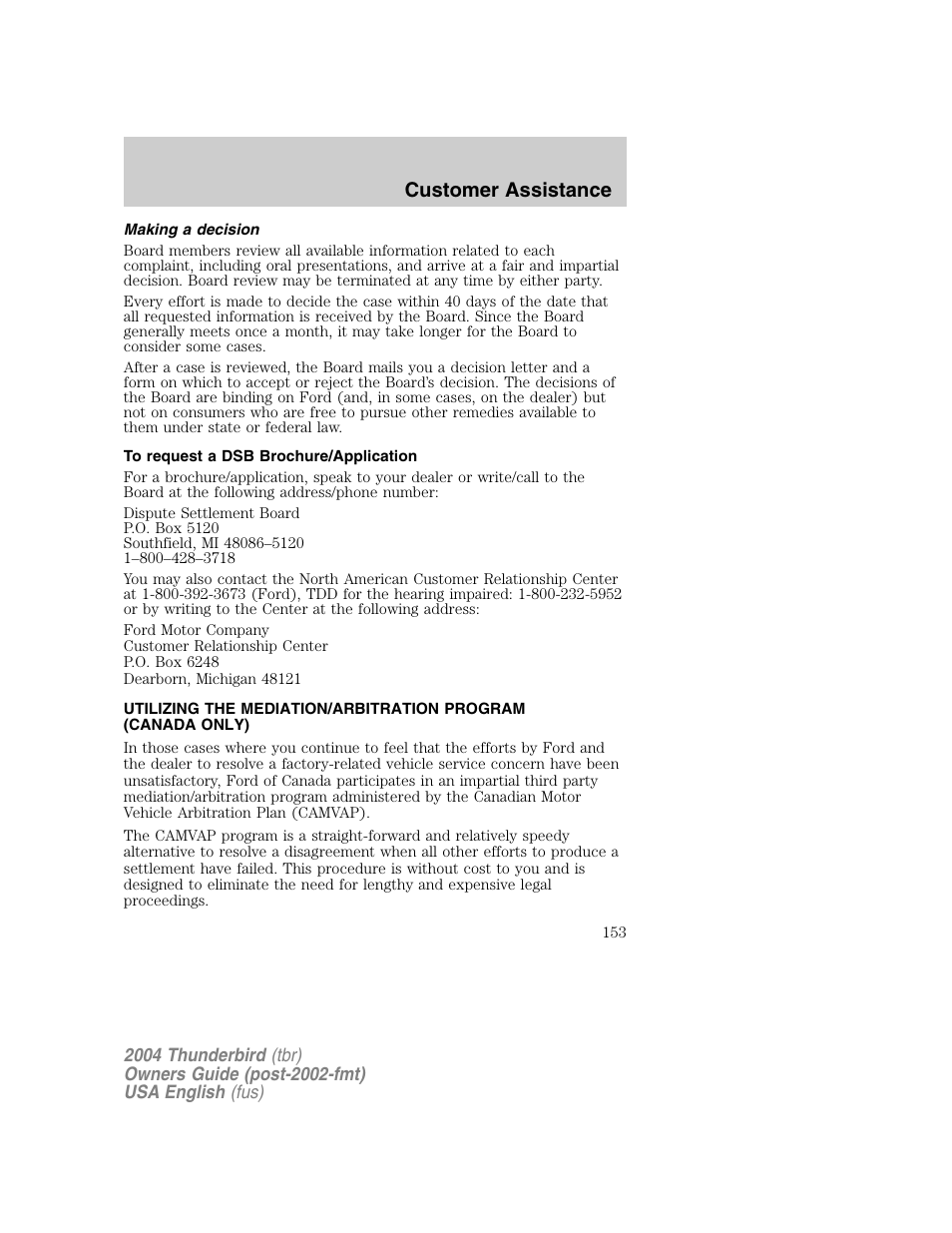 Customer assistance | FORD 2004 Thunderbird v.1 User Manual | Page 153 / 216