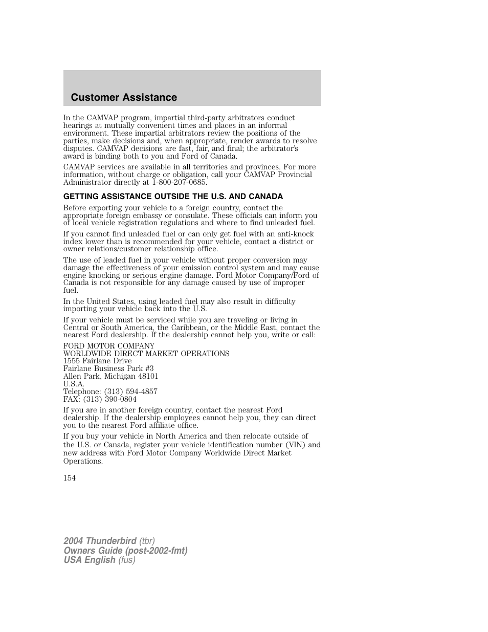 Customer assistance | FORD 2004 Thunderbird v.1 User Manual | Page 154 / 216