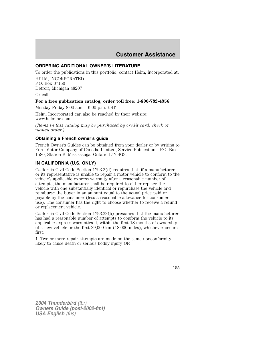 Customer assistance | FORD 2004 Thunderbird v.1 User Manual | Page 155 / 216