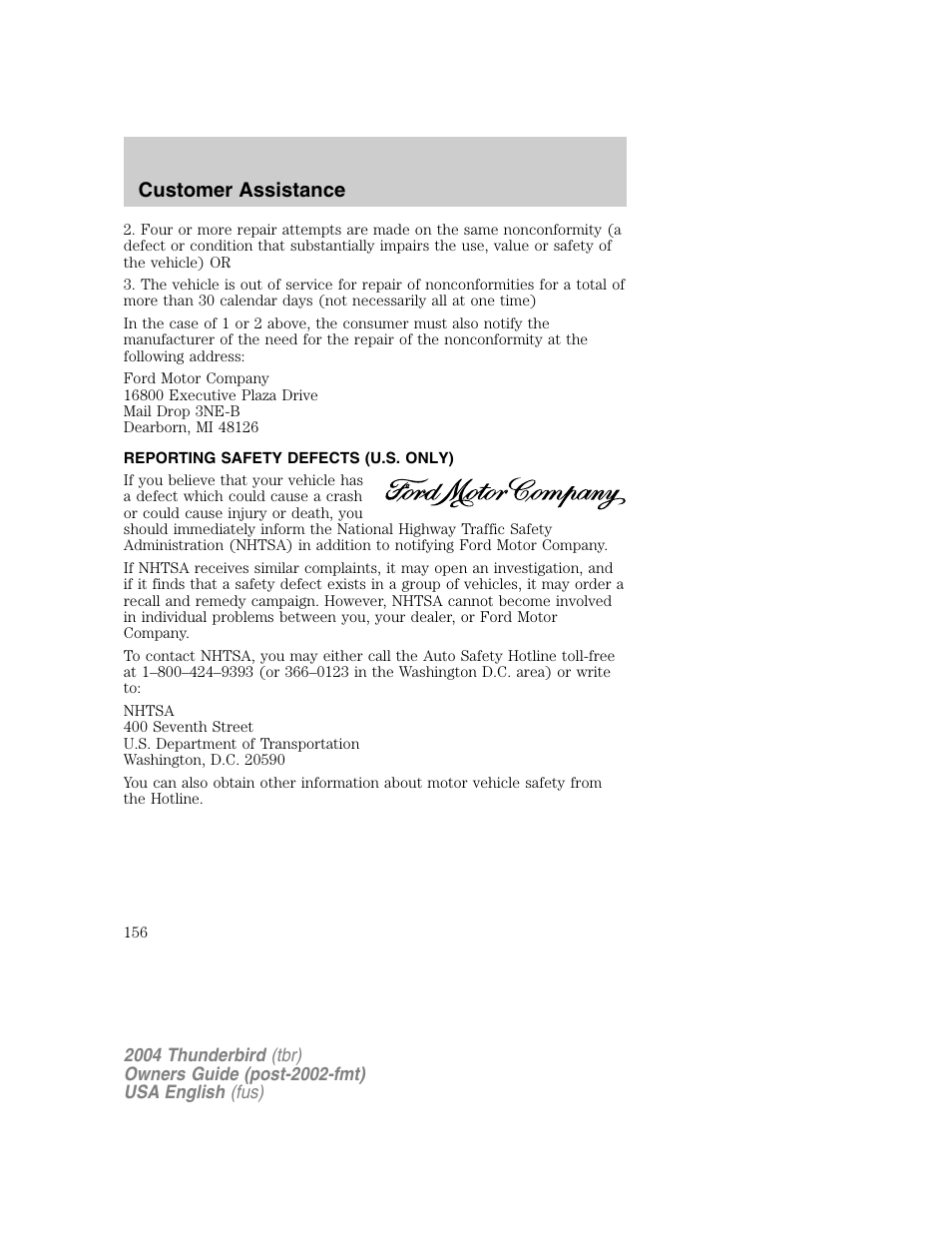 Customer assistance | FORD 2004 Thunderbird v.1 User Manual | Page 156 / 216