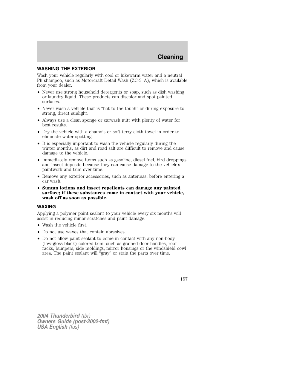 Cleaning | FORD 2004 Thunderbird v.1 User Manual | Page 157 / 216