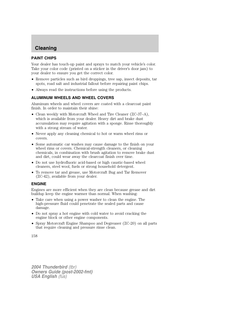 Cleaning | FORD 2004 Thunderbird v.1 User Manual | Page 158 / 216