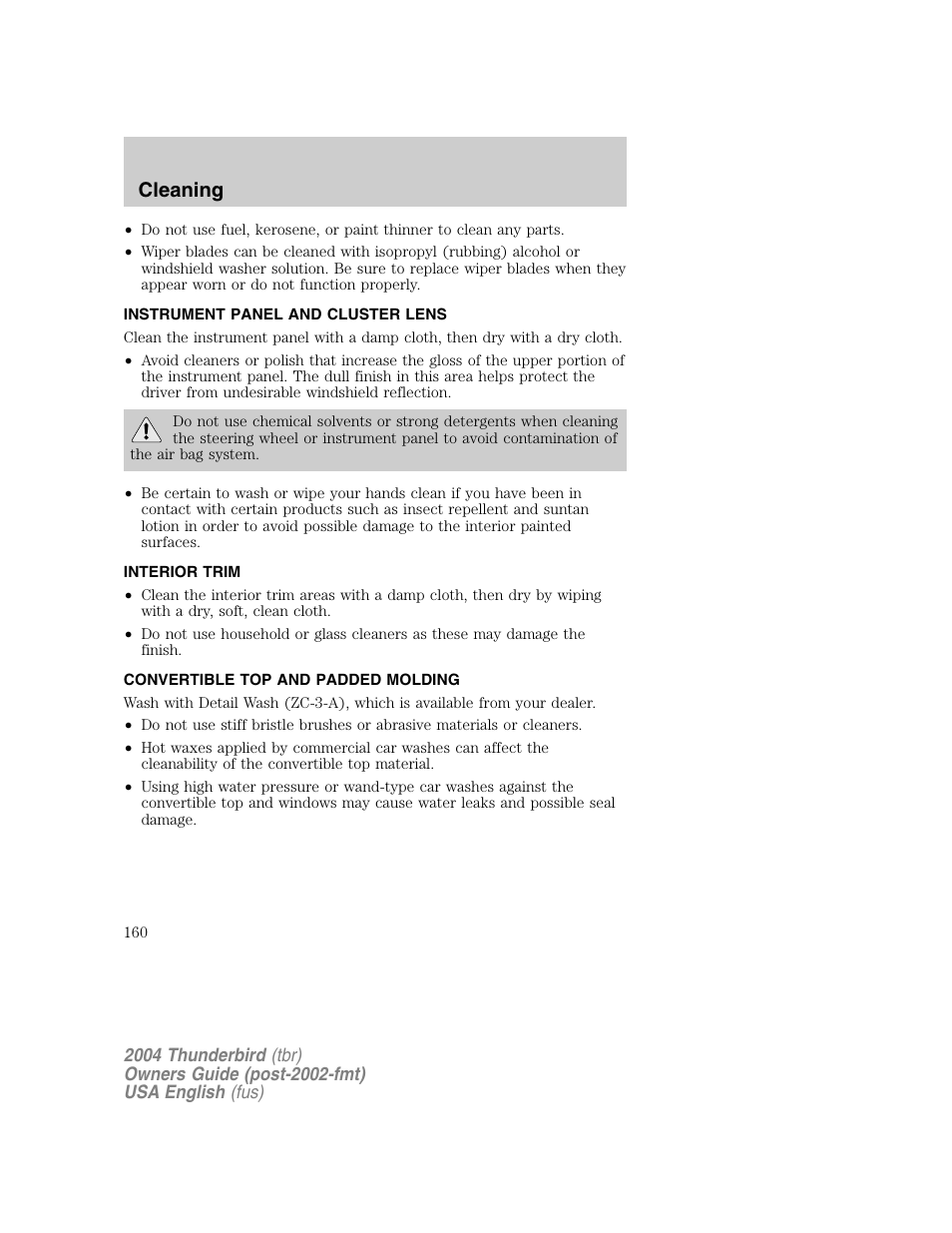 Cleaning | FORD 2004 Thunderbird v.1 User Manual | Page 160 / 216