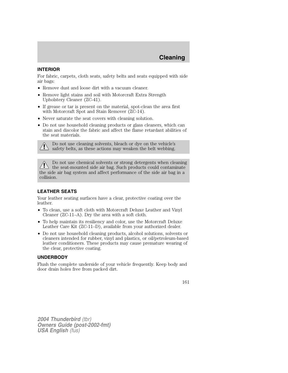 Cleaning | FORD 2004 Thunderbird v.1 User Manual | Page 161 / 216