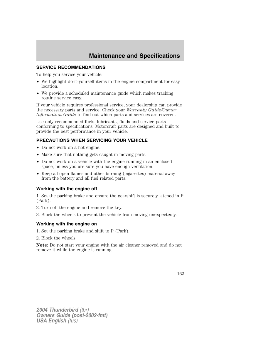 Maintenance and specifications | FORD 2004 Thunderbird v.1 User Manual | Page 163 / 216
