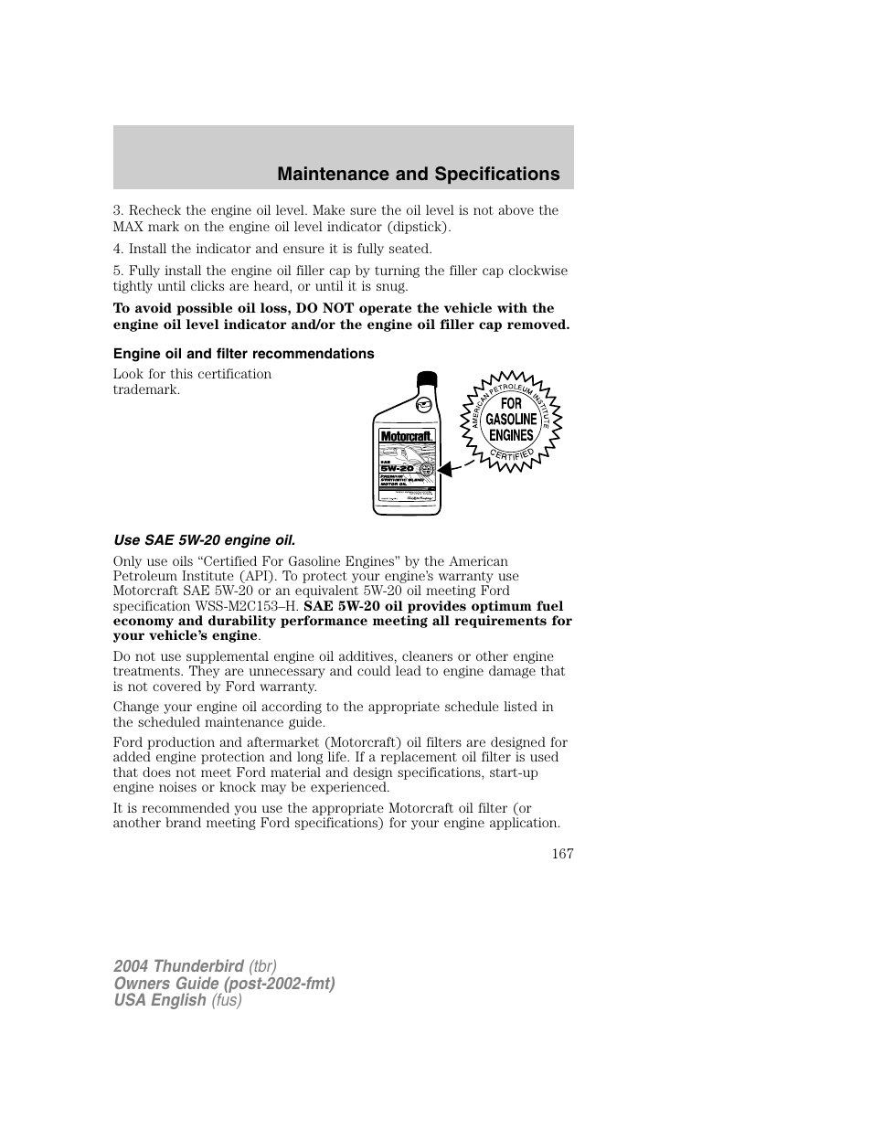 Maintenance and specifications | FORD 2004 Thunderbird v.1 User Manual | Page 167 / 216