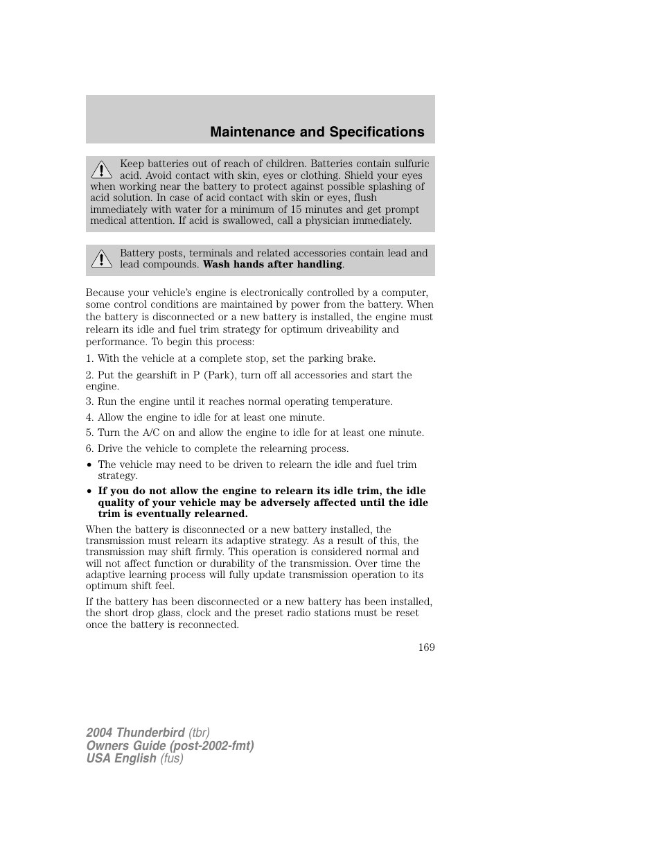 Maintenance and specifications | FORD 2004 Thunderbird v.1 User Manual | Page 169 / 216