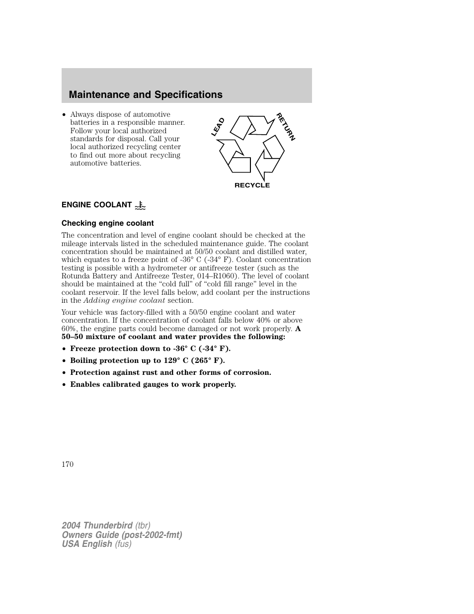 Maintenance and specifications | FORD 2004 Thunderbird v.1 User Manual | Page 170 / 216