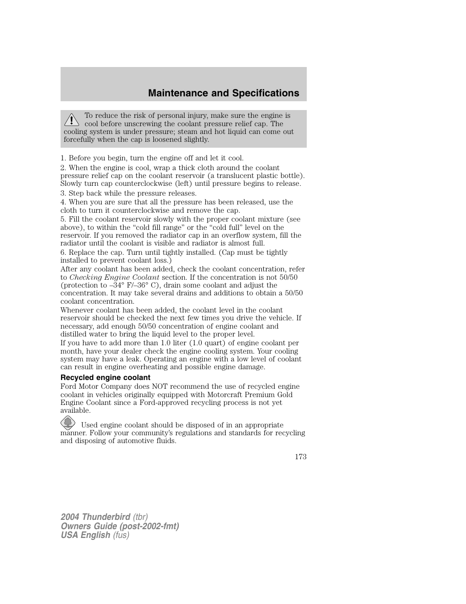 Maintenance and specifications | FORD 2004 Thunderbird v.1 User Manual | Page 173 / 216