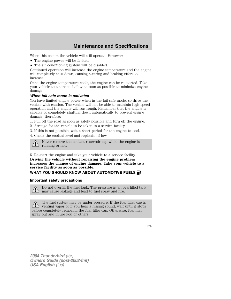 Maintenance and specifications | FORD 2004 Thunderbird v.1 User Manual | Page 175 / 216