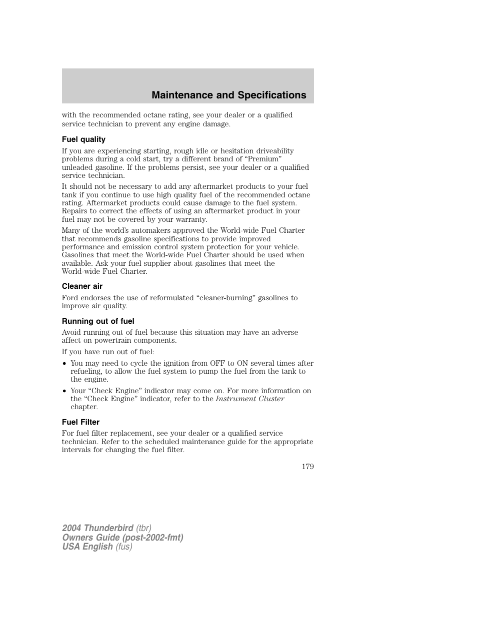 Maintenance and specifications | FORD 2004 Thunderbird v.1 User Manual | Page 179 / 216