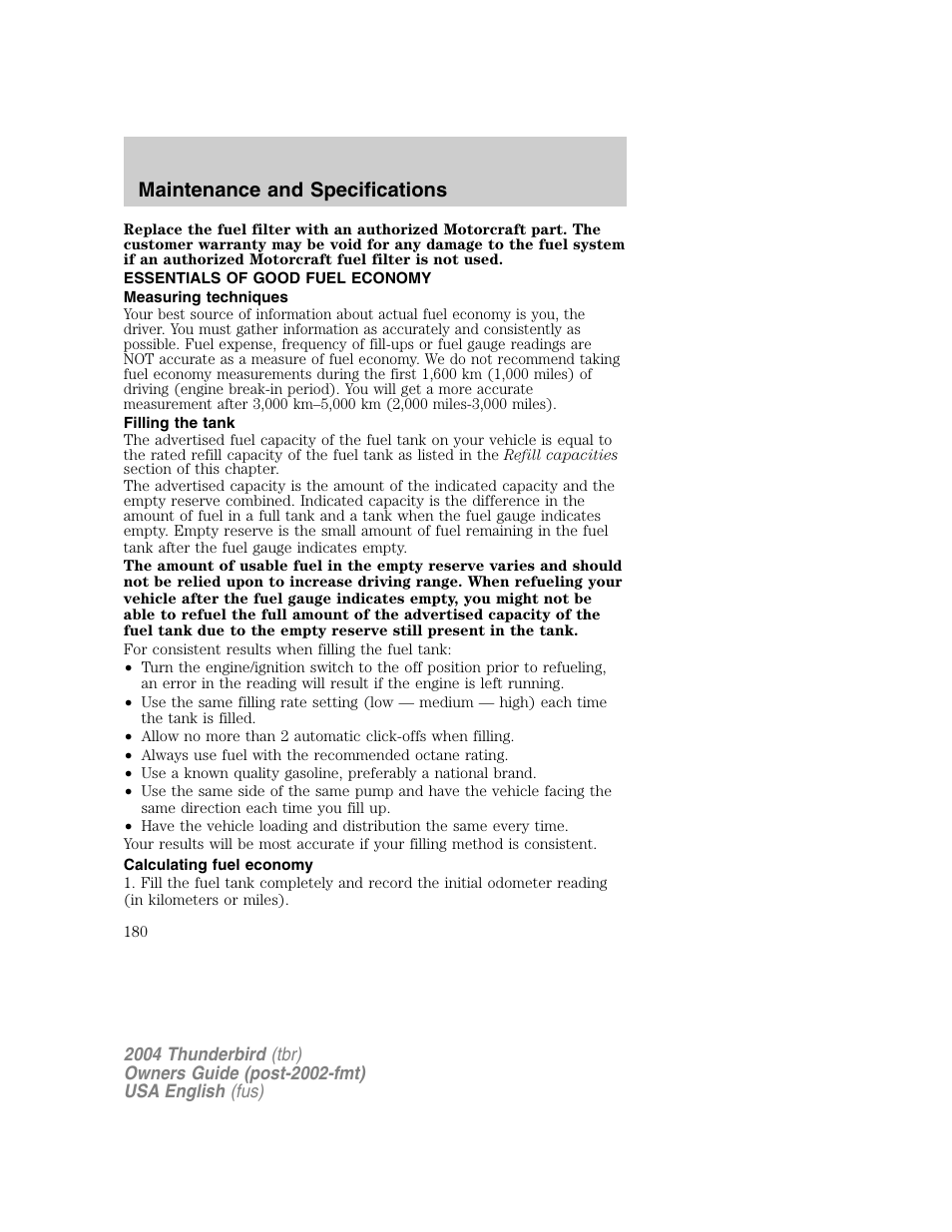 Maintenance and specifications | FORD 2004 Thunderbird v.1 User Manual | Page 180 / 216