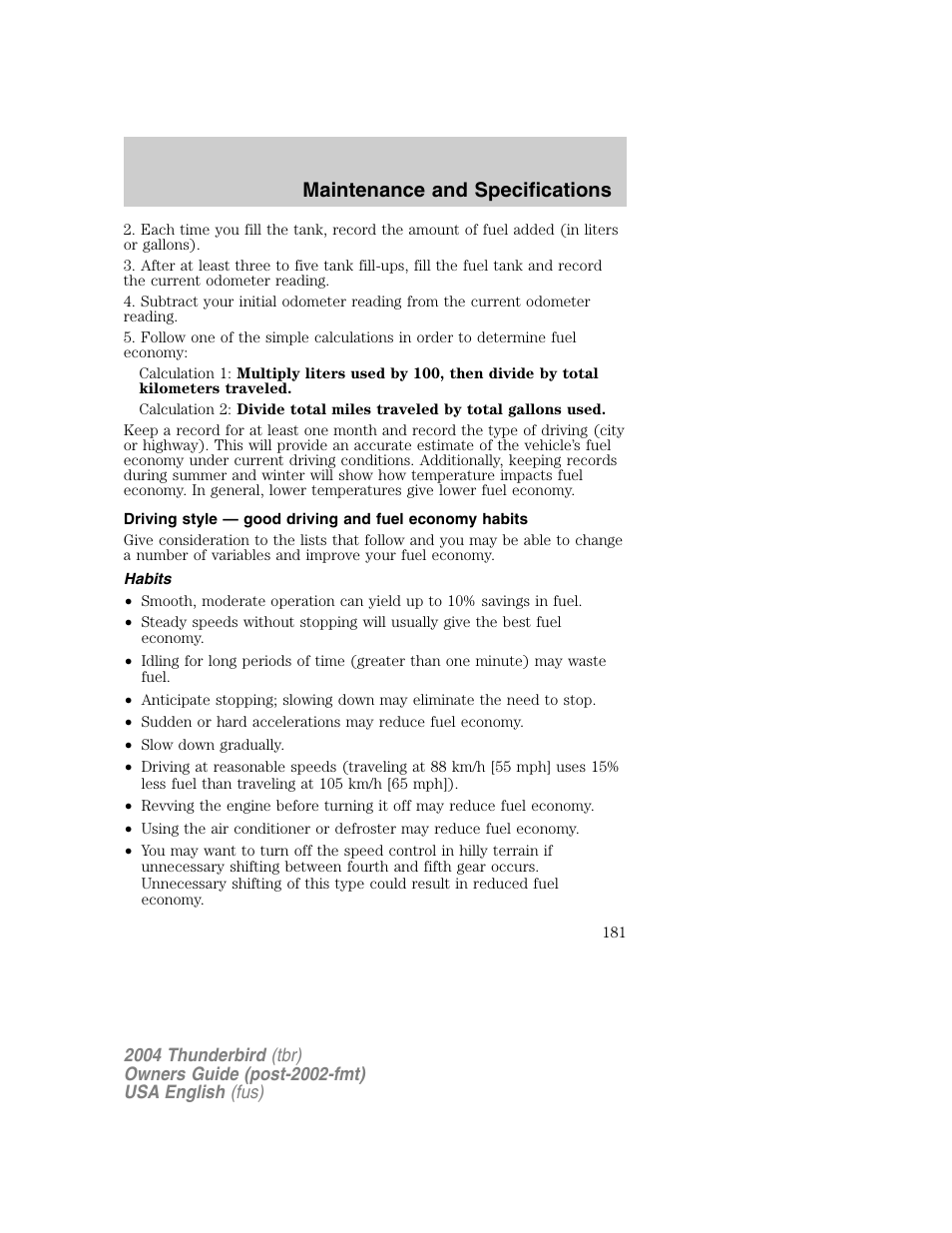 Maintenance and specifications | FORD 2004 Thunderbird v.1 User Manual | Page 181 / 216