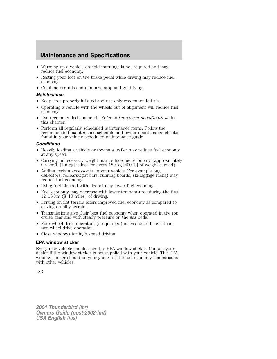 Maintenance and specifications | FORD 2004 Thunderbird v.1 User Manual | Page 182 / 216