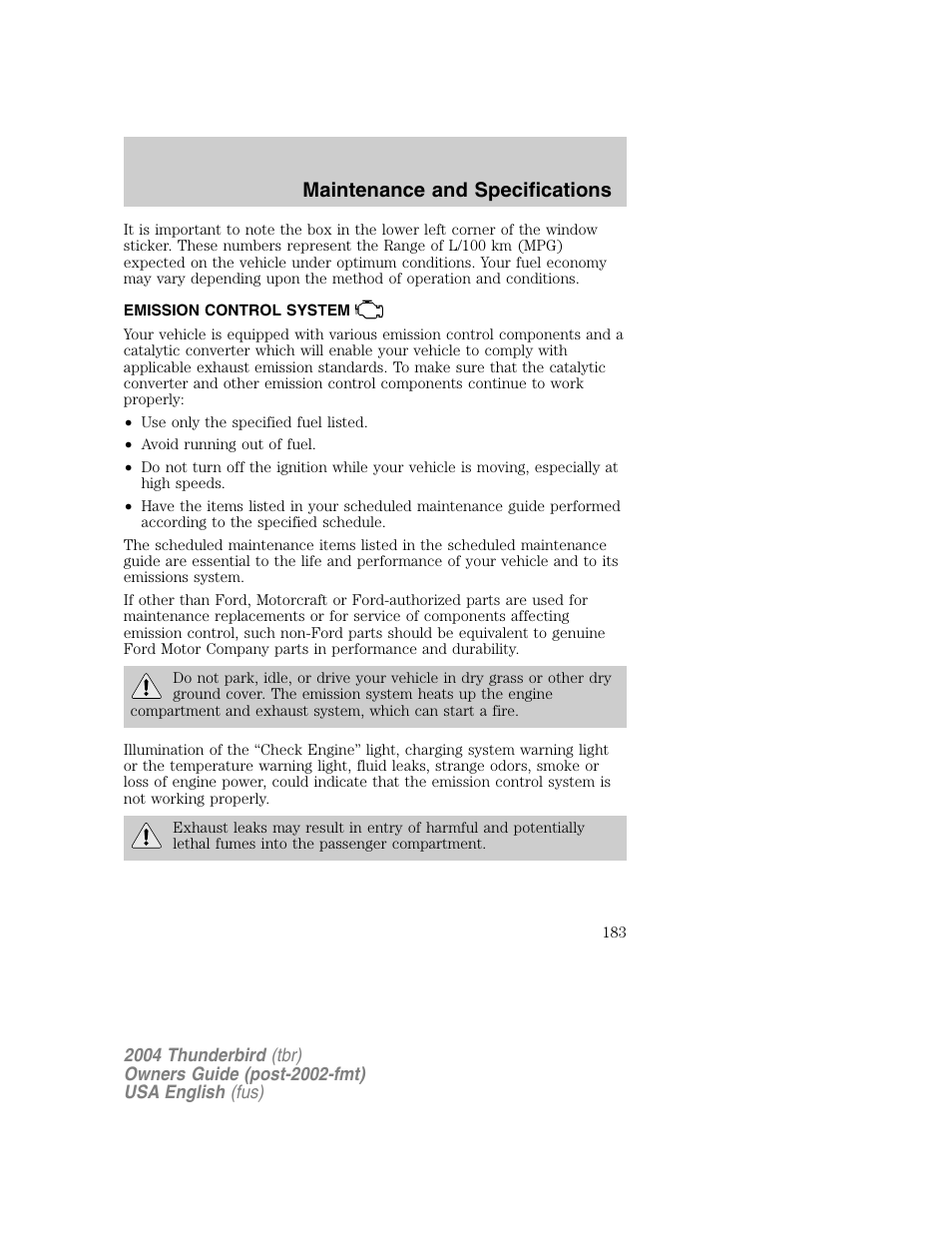 Maintenance and specifications | FORD 2004 Thunderbird v.1 User Manual | Page 183 / 216