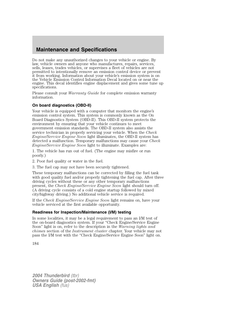 Maintenance and specifications | FORD 2004 Thunderbird v.1 User Manual | Page 184 / 216