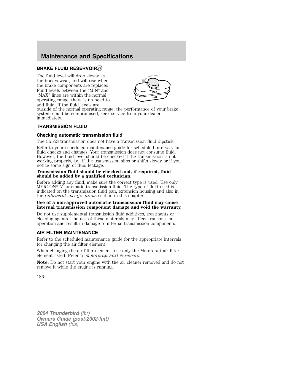 Maintenance and specifications | FORD 2004 Thunderbird v.1 User Manual | Page 186 / 216