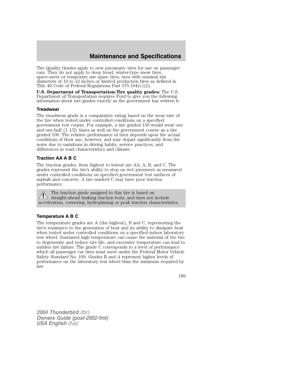 Maintenance and specifications | FORD 2004 Thunderbird v.1 User Manual | Page 189 / 216