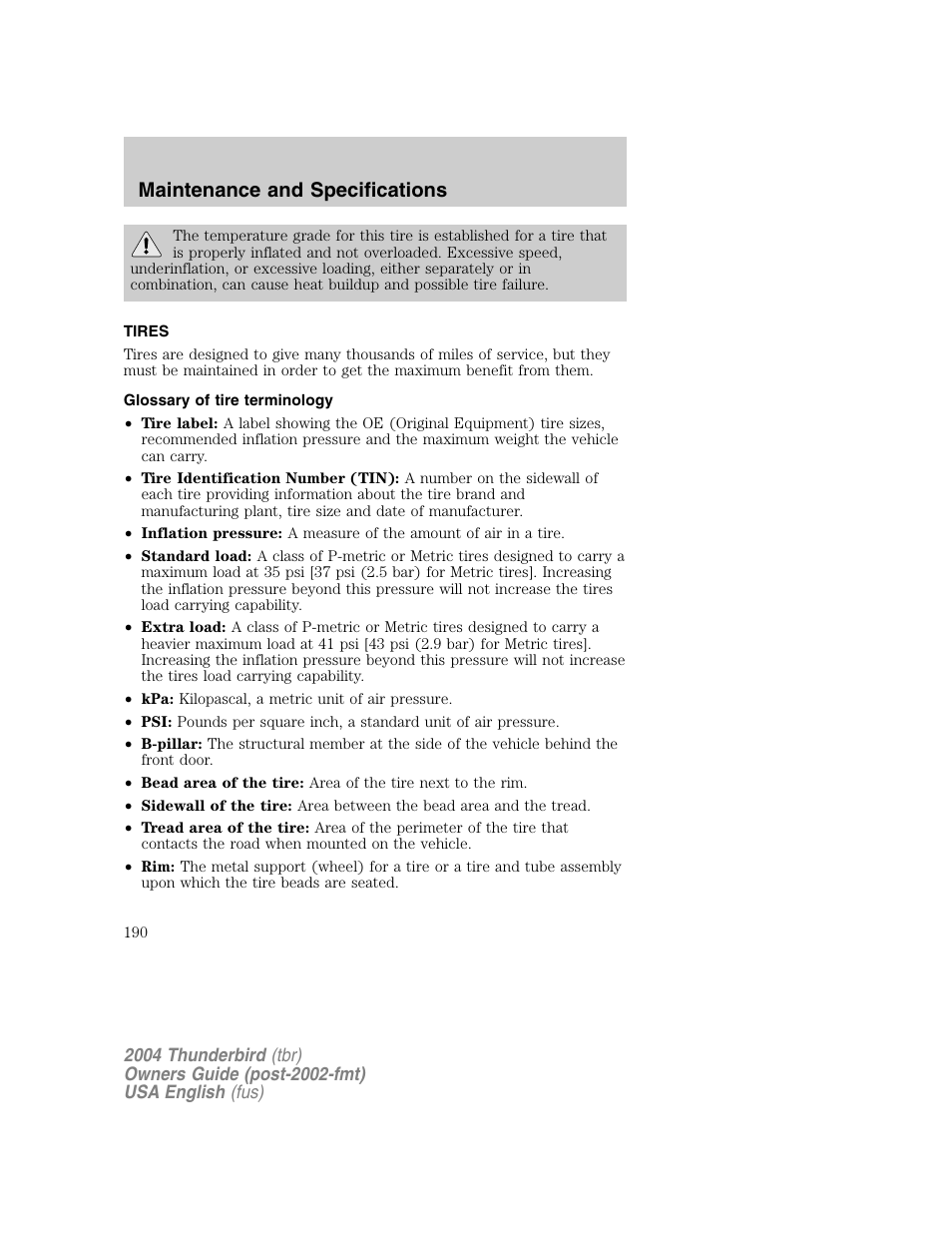 Maintenance and specifications | FORD 2004 Thunderbird v.1 User Manual | Page 190 / 216