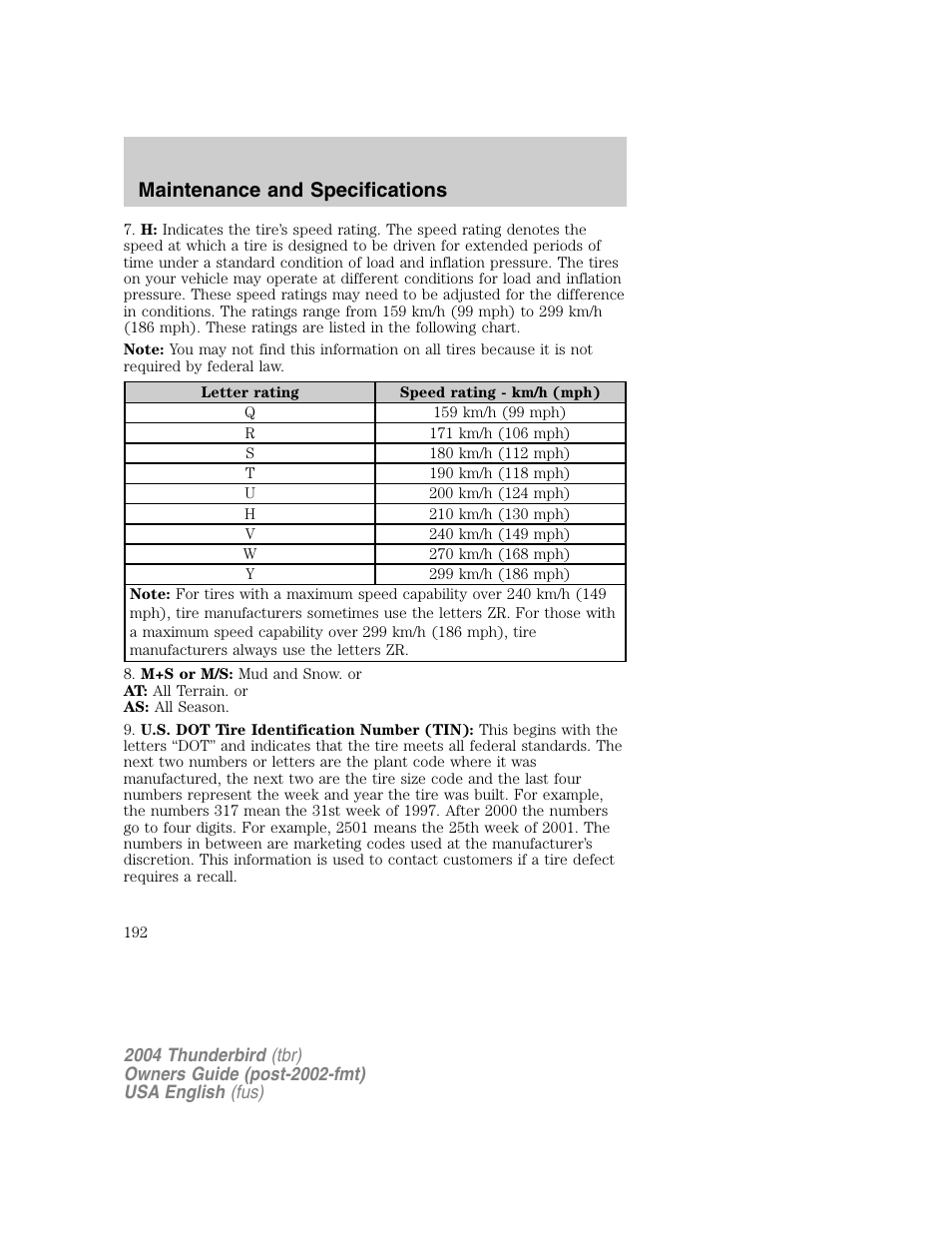 Maintenance and specifications | FORD 2004 Thunderbird v.1 User Manual | Page 192 / 216