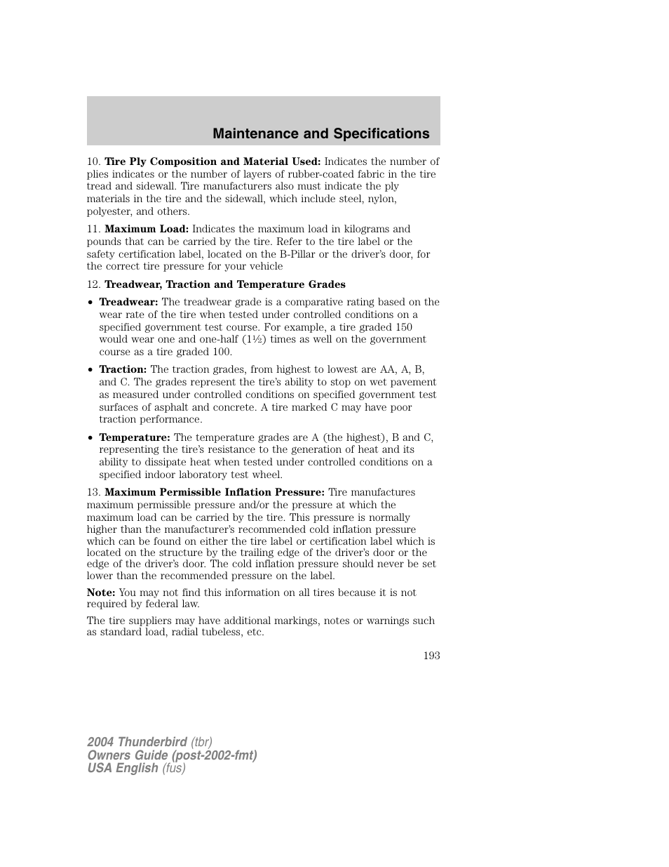 Maintenance and specifications | FORD 2004 Thunderbird v.1 User Manual | Page 193 / 216