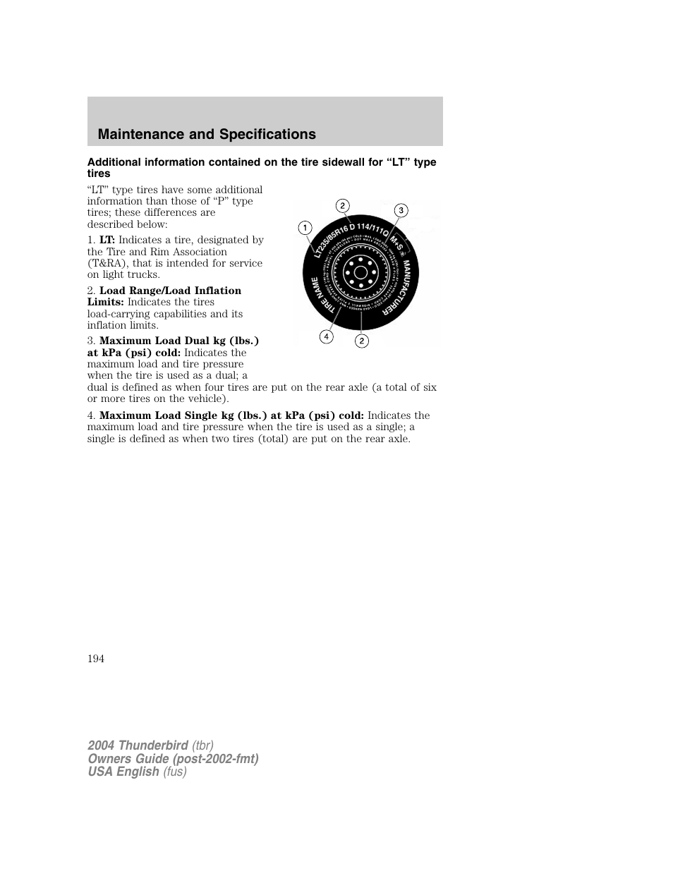 Maintenance and specifications | FORD 2004 Thunderbird v.1 User Manual | Page 194 / 216