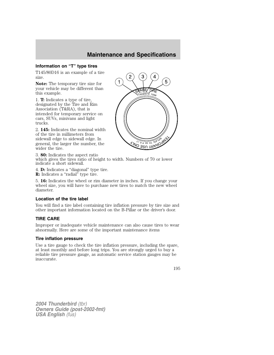 Maintenance and specifications | FORD 2004 Thunderbird v.1 User Manual | Page 195 / 216