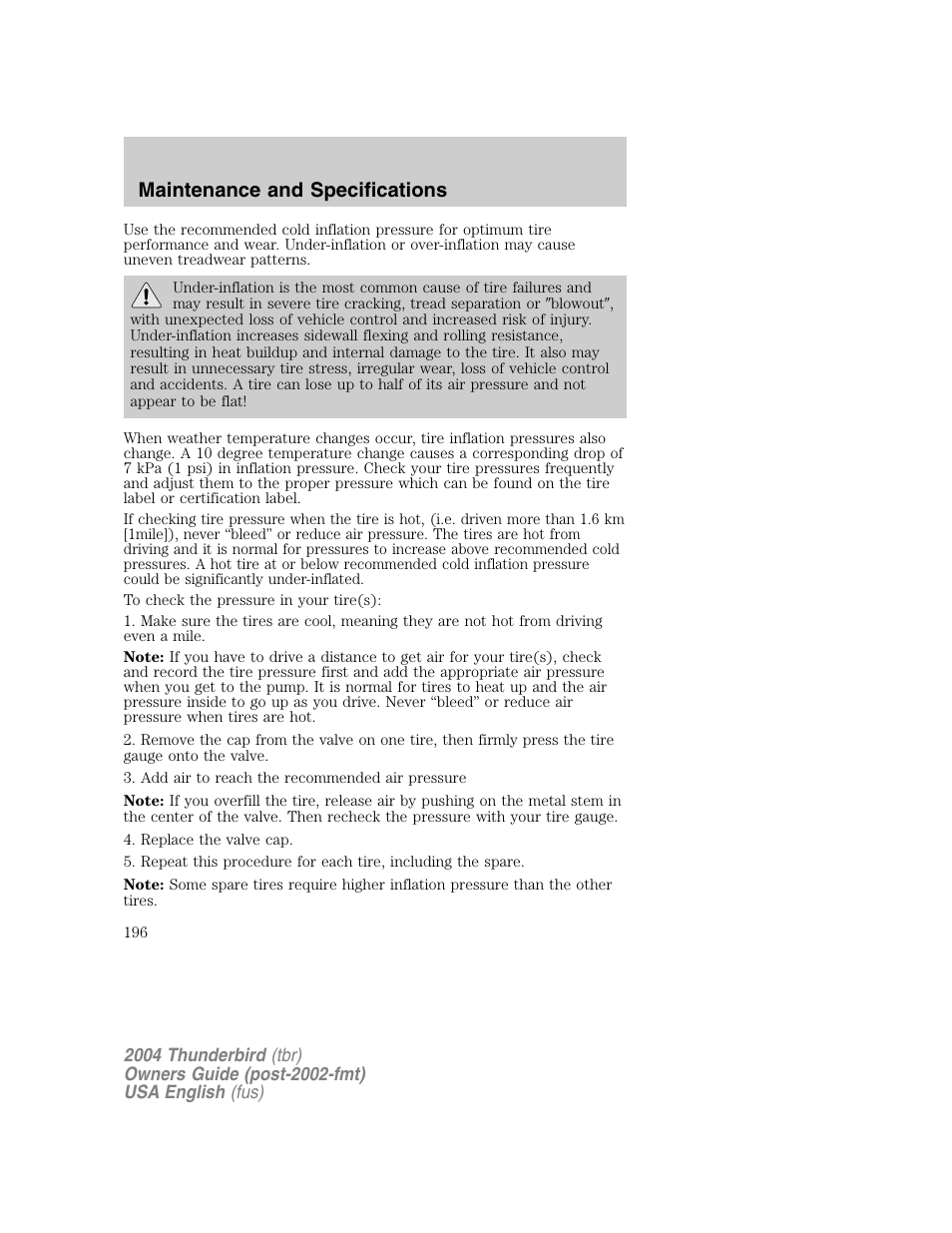 Maintenance and specifications | FORD 2004 Thunderbird v.1 User Manual | Page 196 / 216