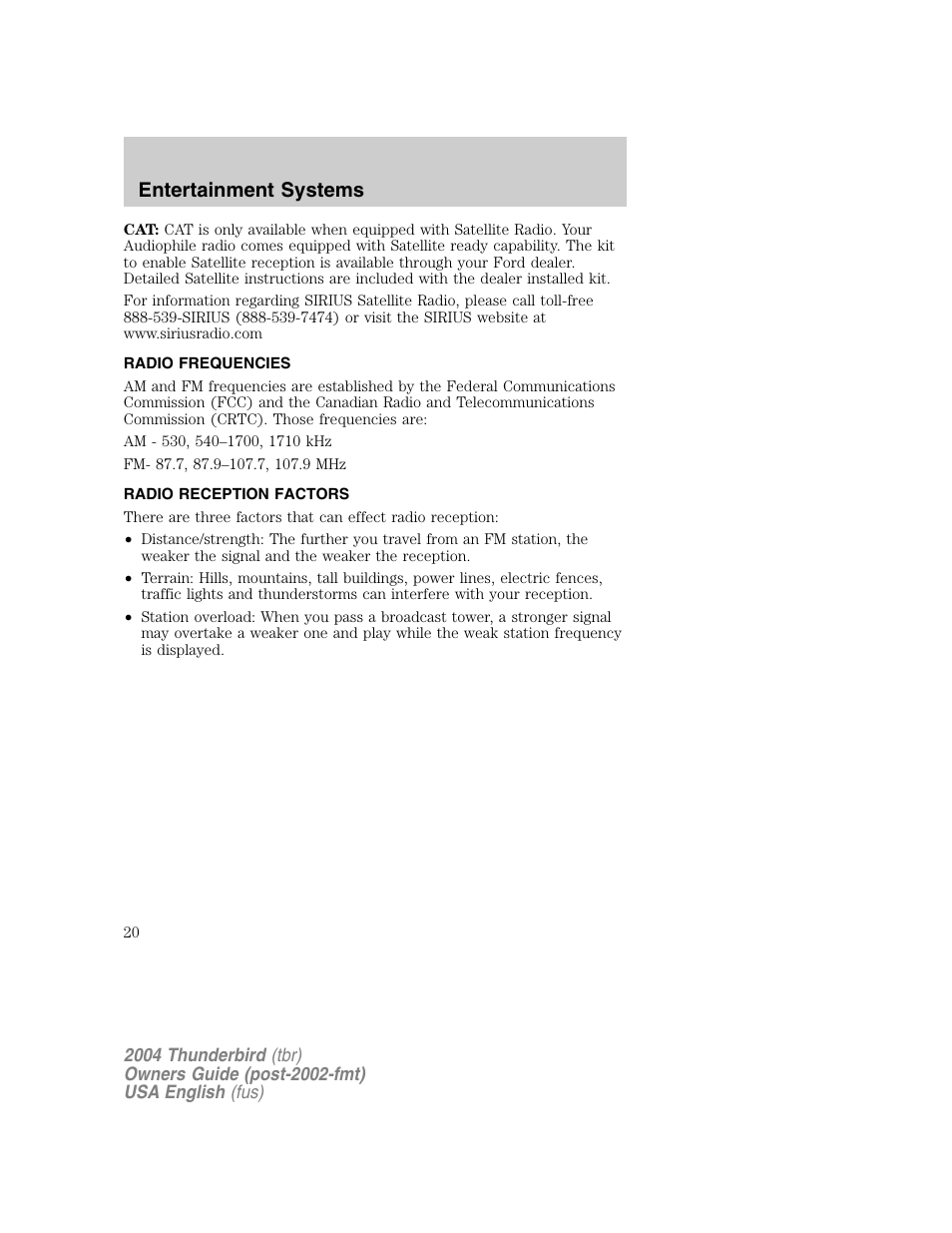 Entertainment systems | FORD 2004 Thunderbird v.1 User Manual | Page 20 / 216