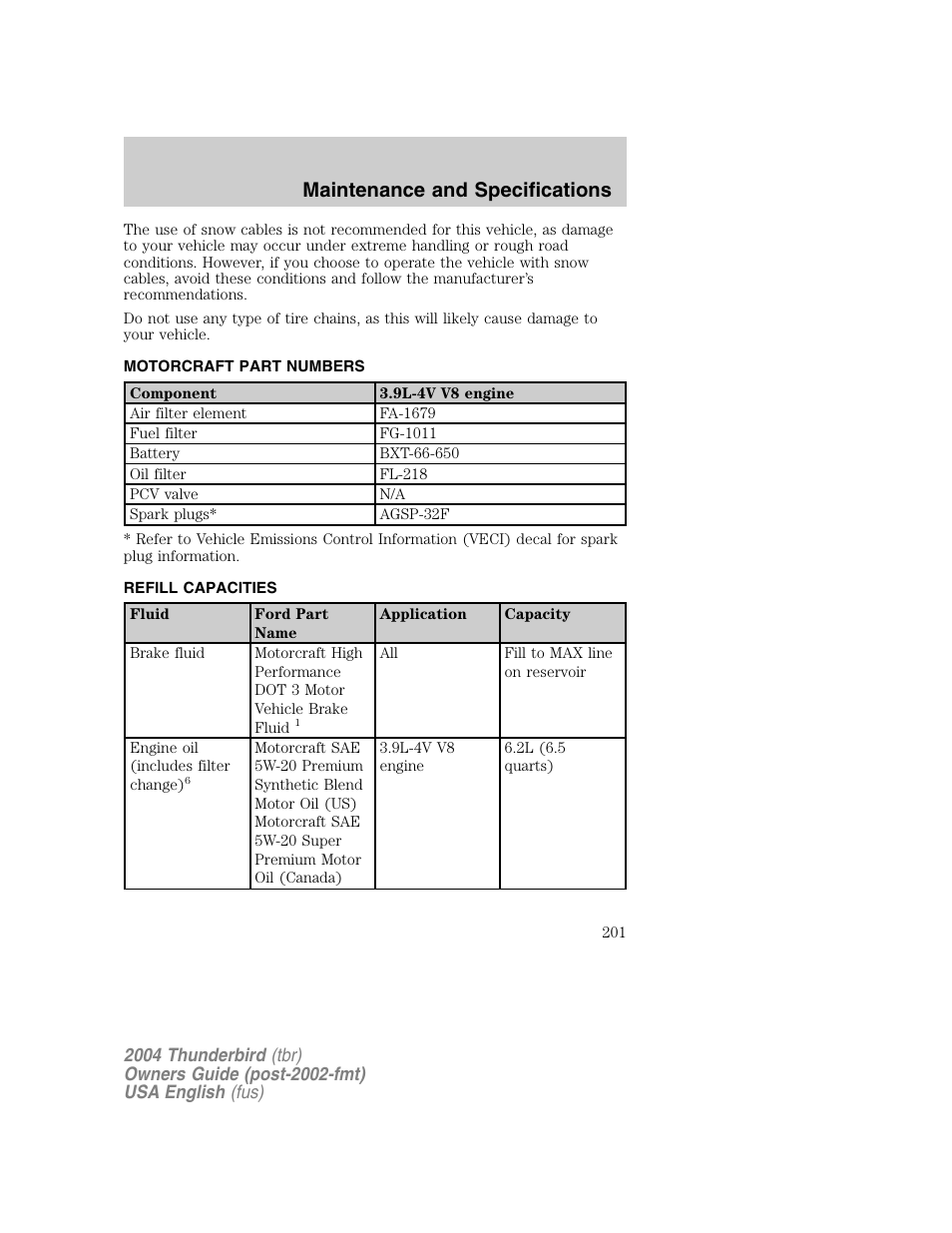 Maintenance and specifications | FORD 2004 Thunderbird v.1 User Manual | Page 201 / 216