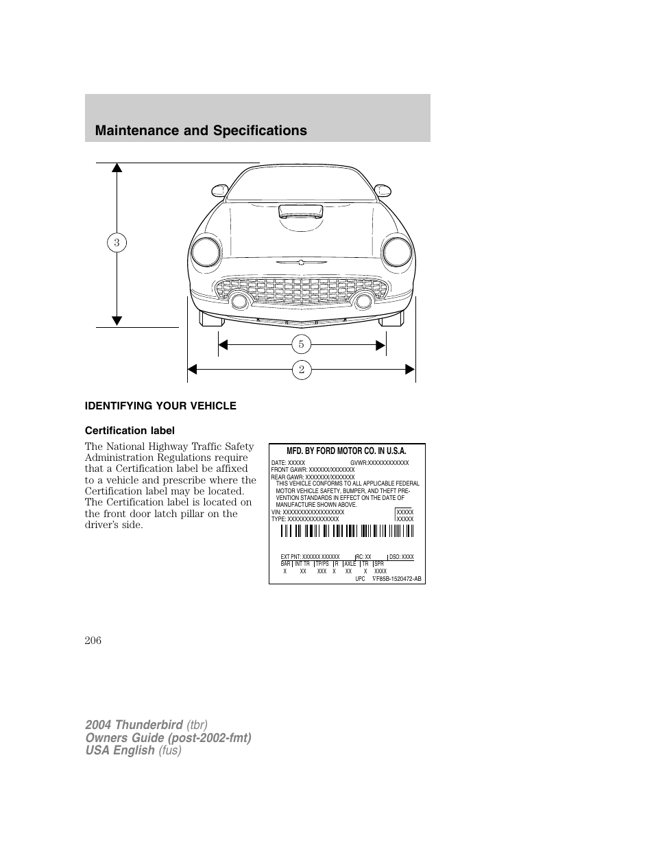 Maintenance and specifications | FORD 2004 Thunderbird v.1 User Manual | Page 206 / 216