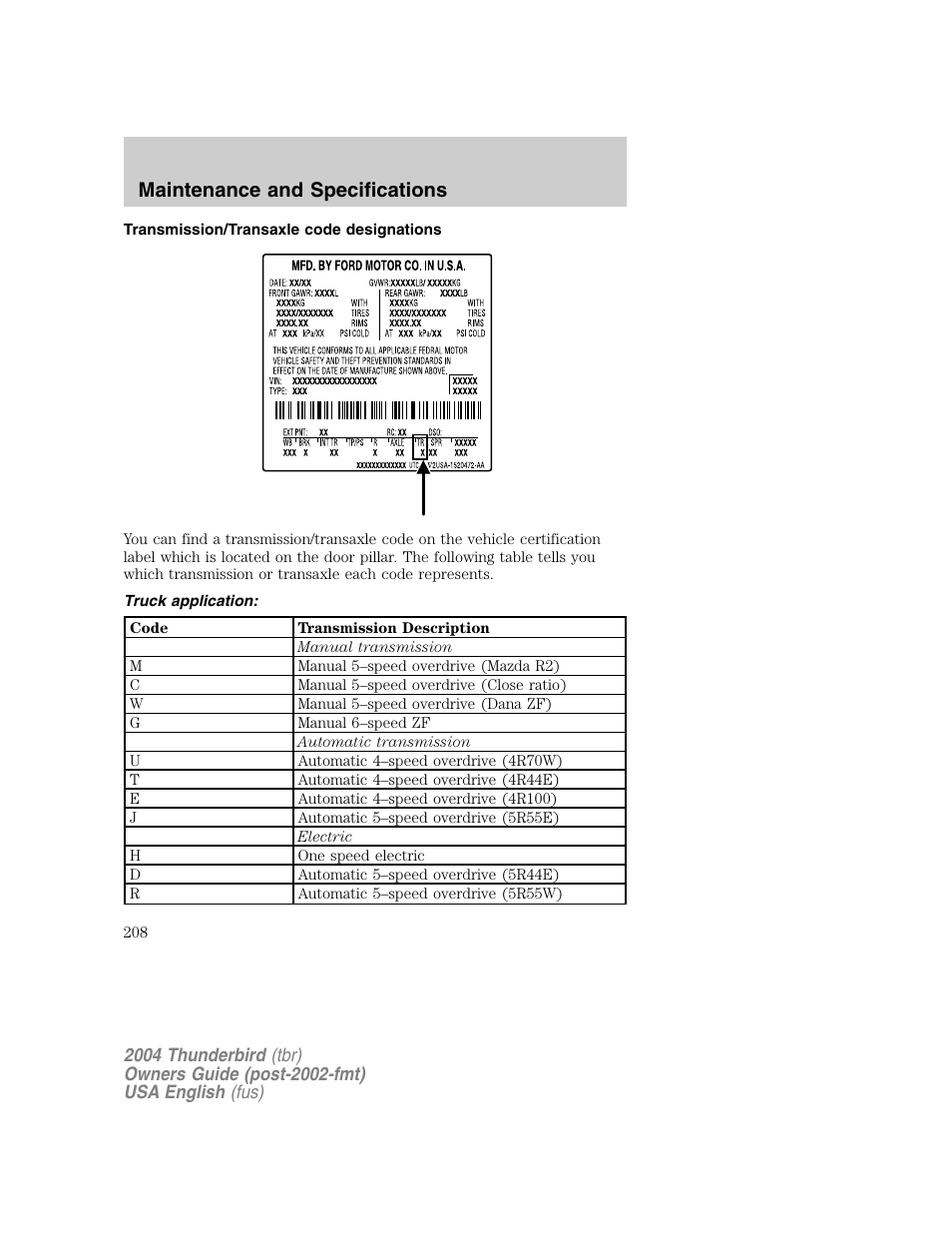 Maintenance and specifications | FORD 2004 Thunderbird v.1 User Manual | Page 208 / 216