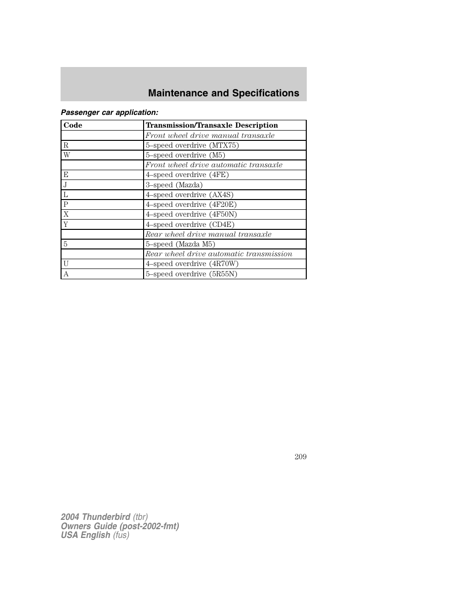 Maintenance and specifications | FORD 2004 Thunderbird v.1 User Manual | Page 209 / 216