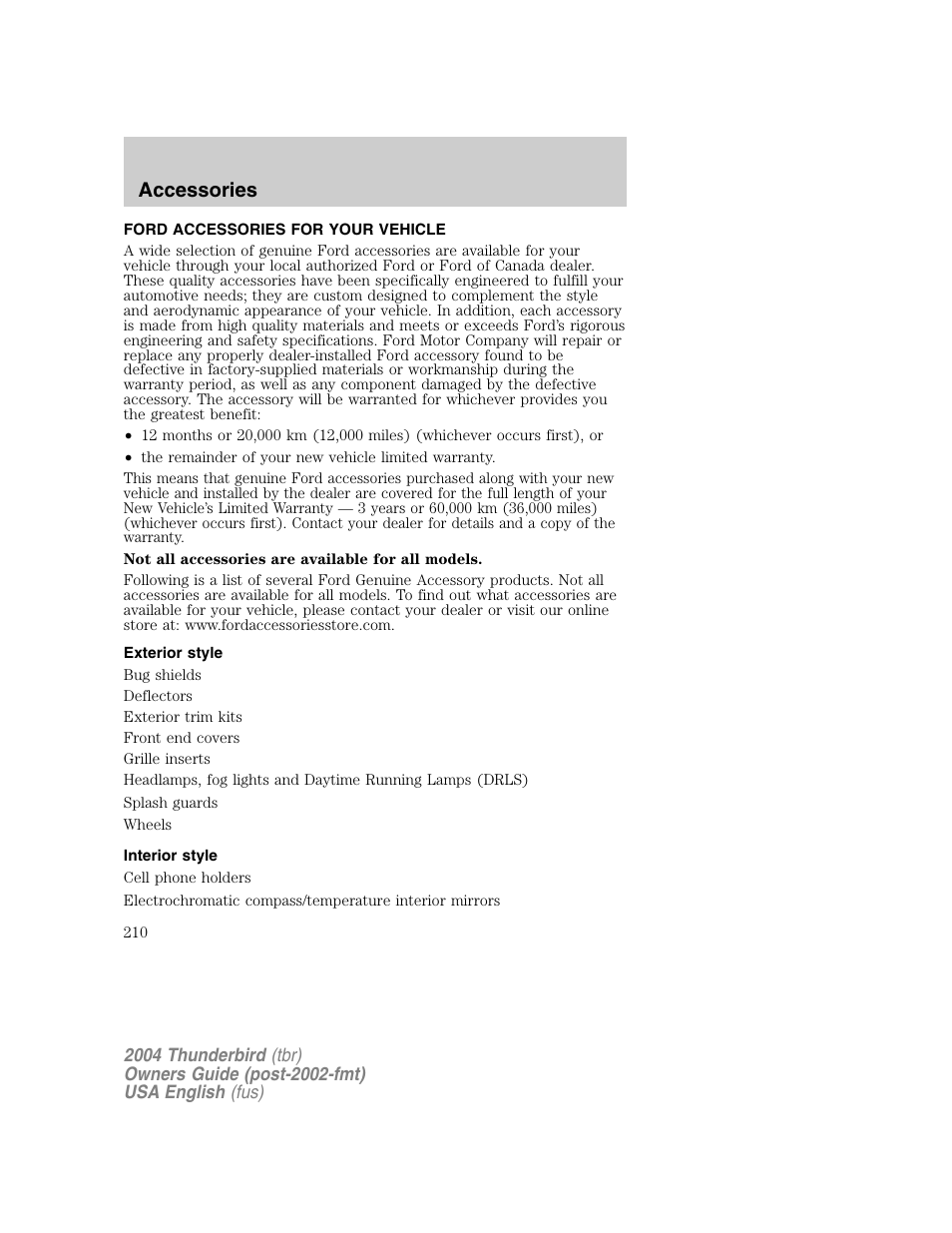 Accessories | FORD 2004 Thunderbird v.1 User Manual | Page 210 / 216