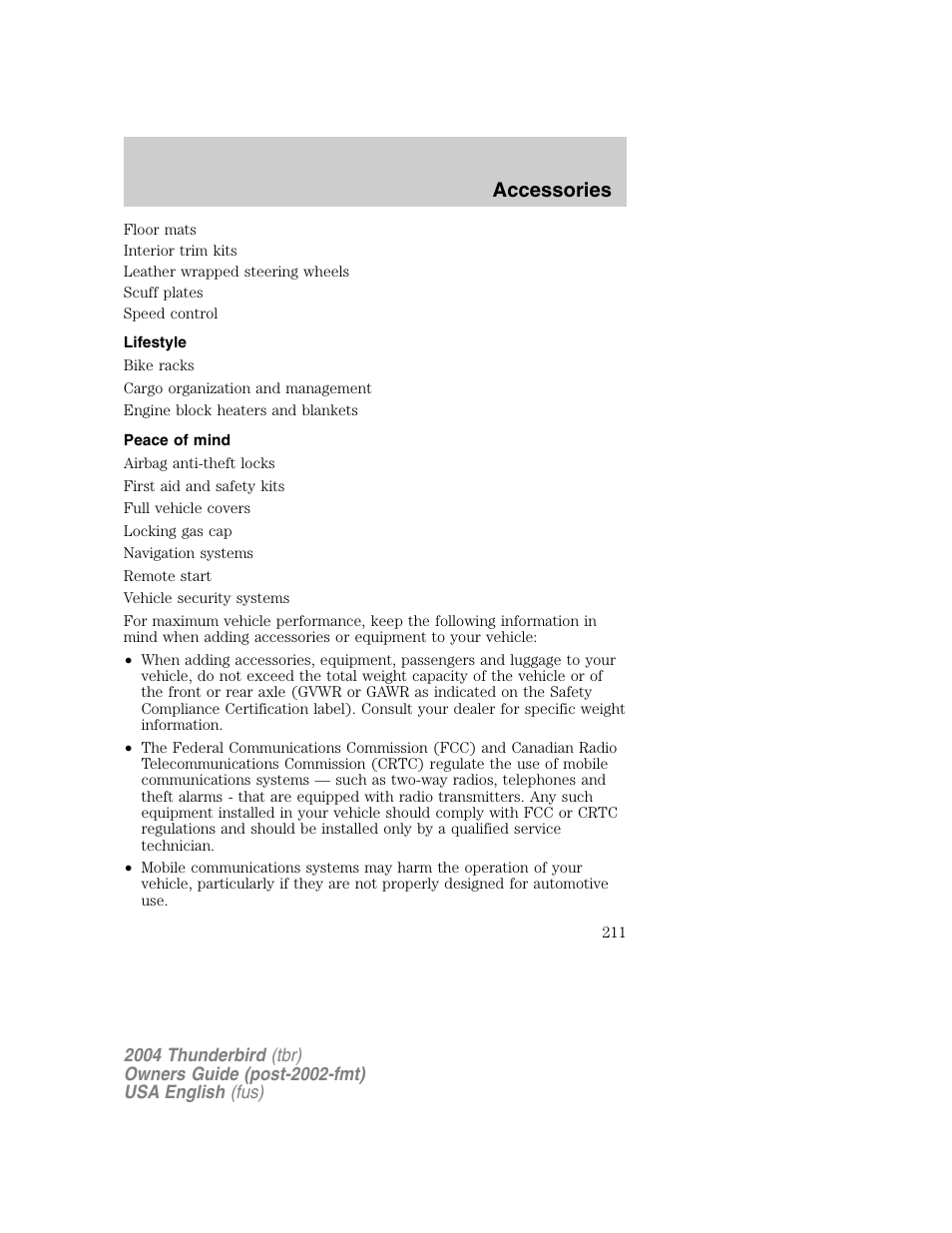 Accessories | FORD 2004 Thunderbird v.1 User Manual | Page 211 / 216