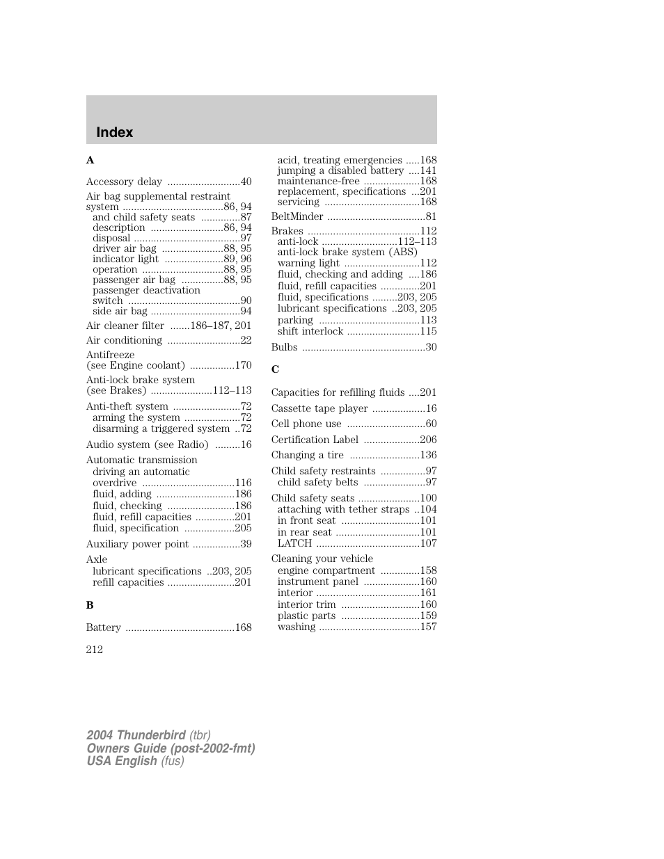 Index | FORD 2004 Thunderbird v.1 User Manual | Page 212 / 216