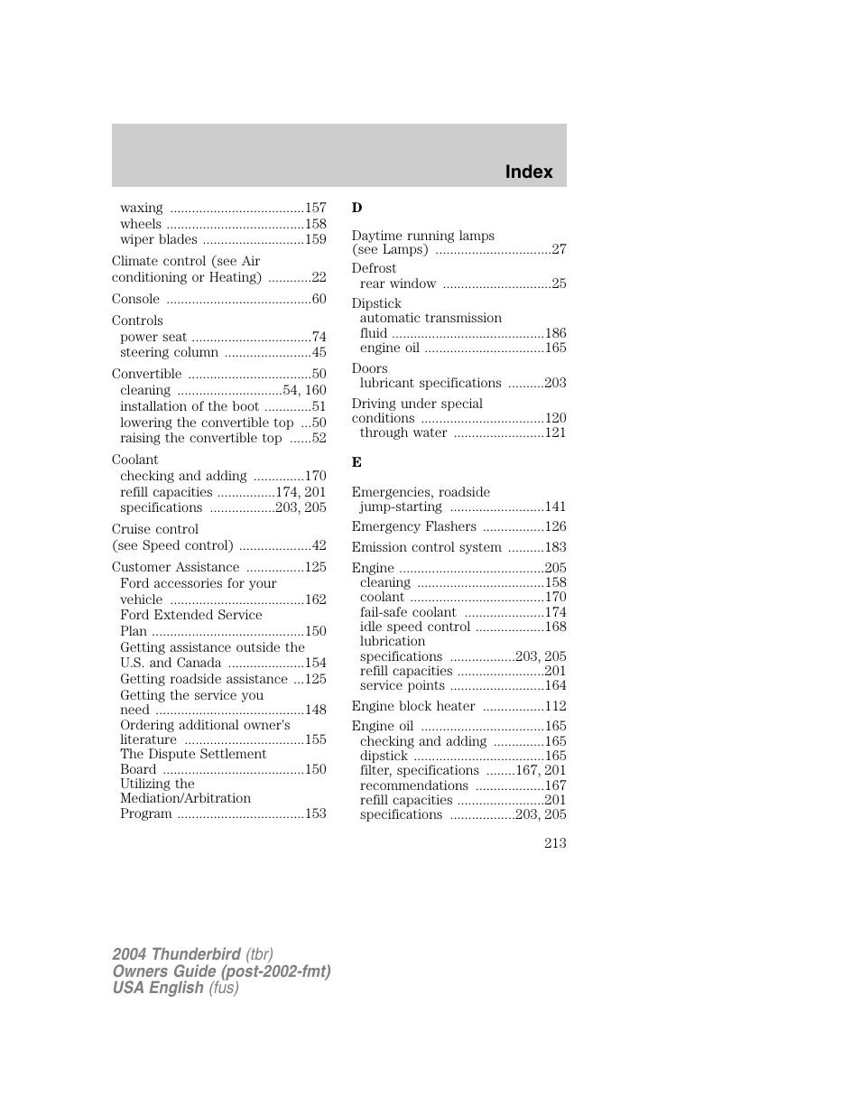 Index | FORD 2004 Thunderbird v.1 User Manual | Page 213 / 216