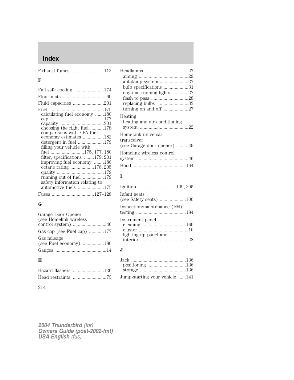 Index | FORD 2004 Thunderbird v.1 User Manual | Page 214 / 216