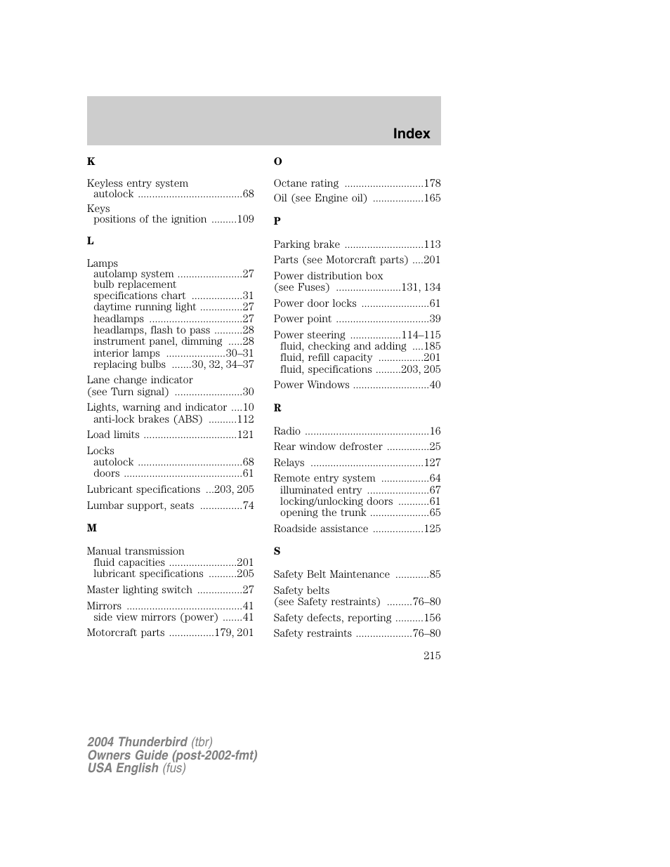 Index | FORD 2004 Thunderbird v.1 User Manual | Page 215 / 216