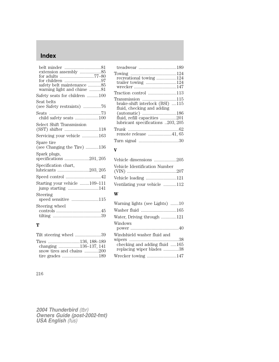 Index | FORD 2004 Thunderbird v.1 User Manual | Page 216 / 216