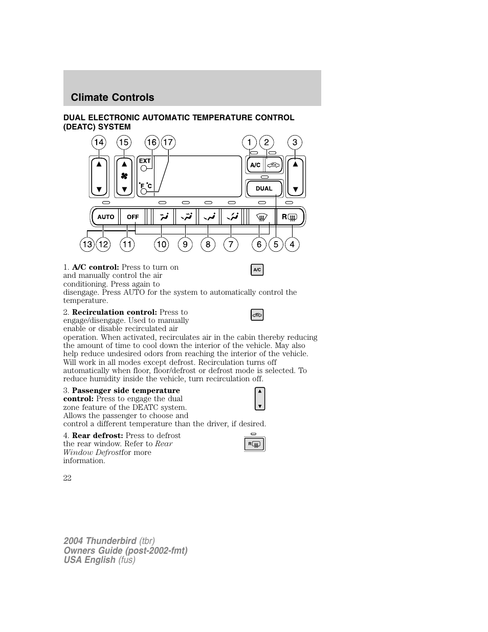 Climate controls | FORD 2004 Thunderbird v.1 User Manual | Page 22 / 216