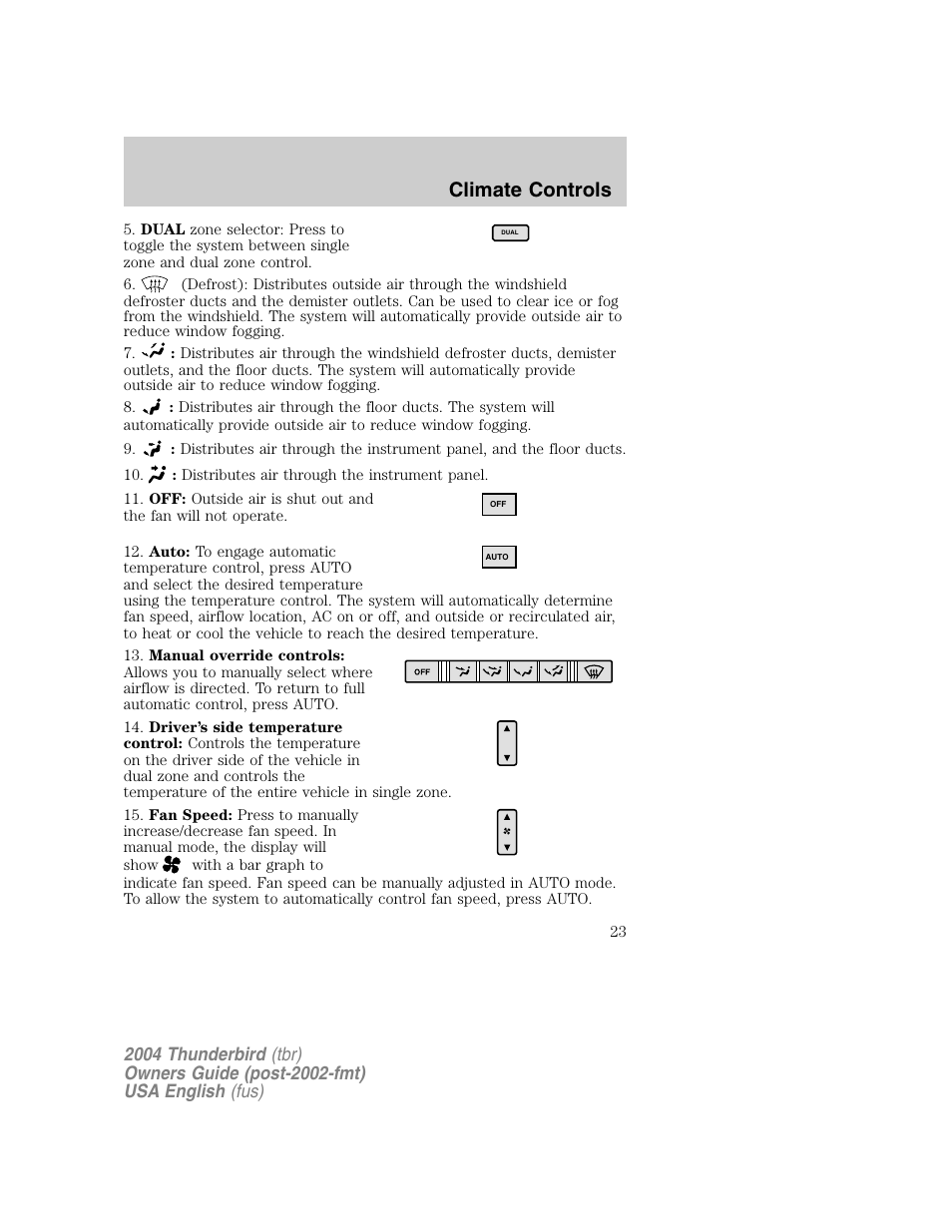 Climate controls | FORD 2004 Thunderbird v.1 User Manual | Page 23 / 216