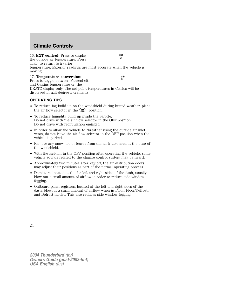 Climate controls | FORD 2004 Thunderbird v.1 User Manual | Page 24 / 216