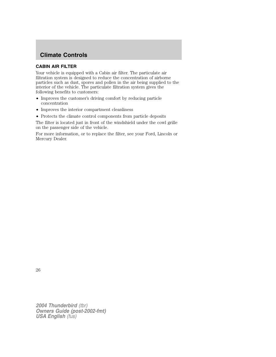 Climate controls | FORD 2004 Thunderbird v.1 User Manual | Page 26 / 216